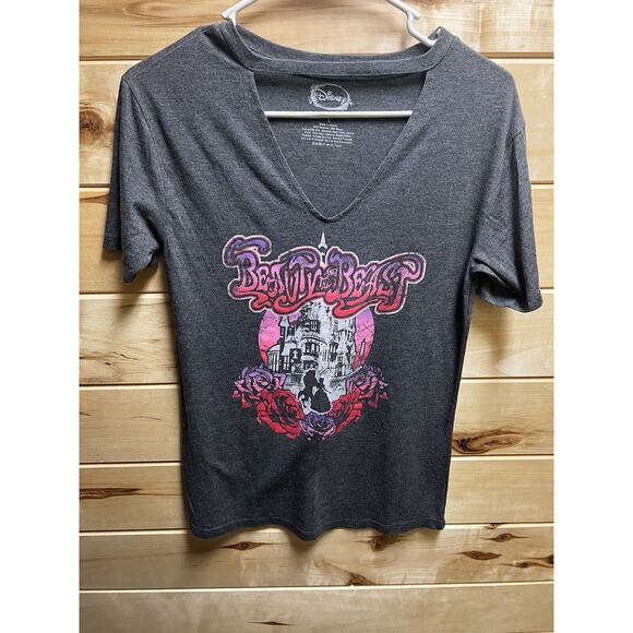 Disney Beauty and the Beast Womens Gray Graphic Tee Cutout V-Neck, Size Small - Picture 3 of 6